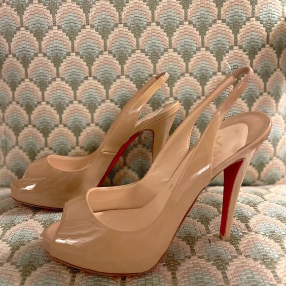 Christian Louboutin - Natural Gamma Talon Patent Leather Peep-Toe Slingback Pump - Picture 2 of 8